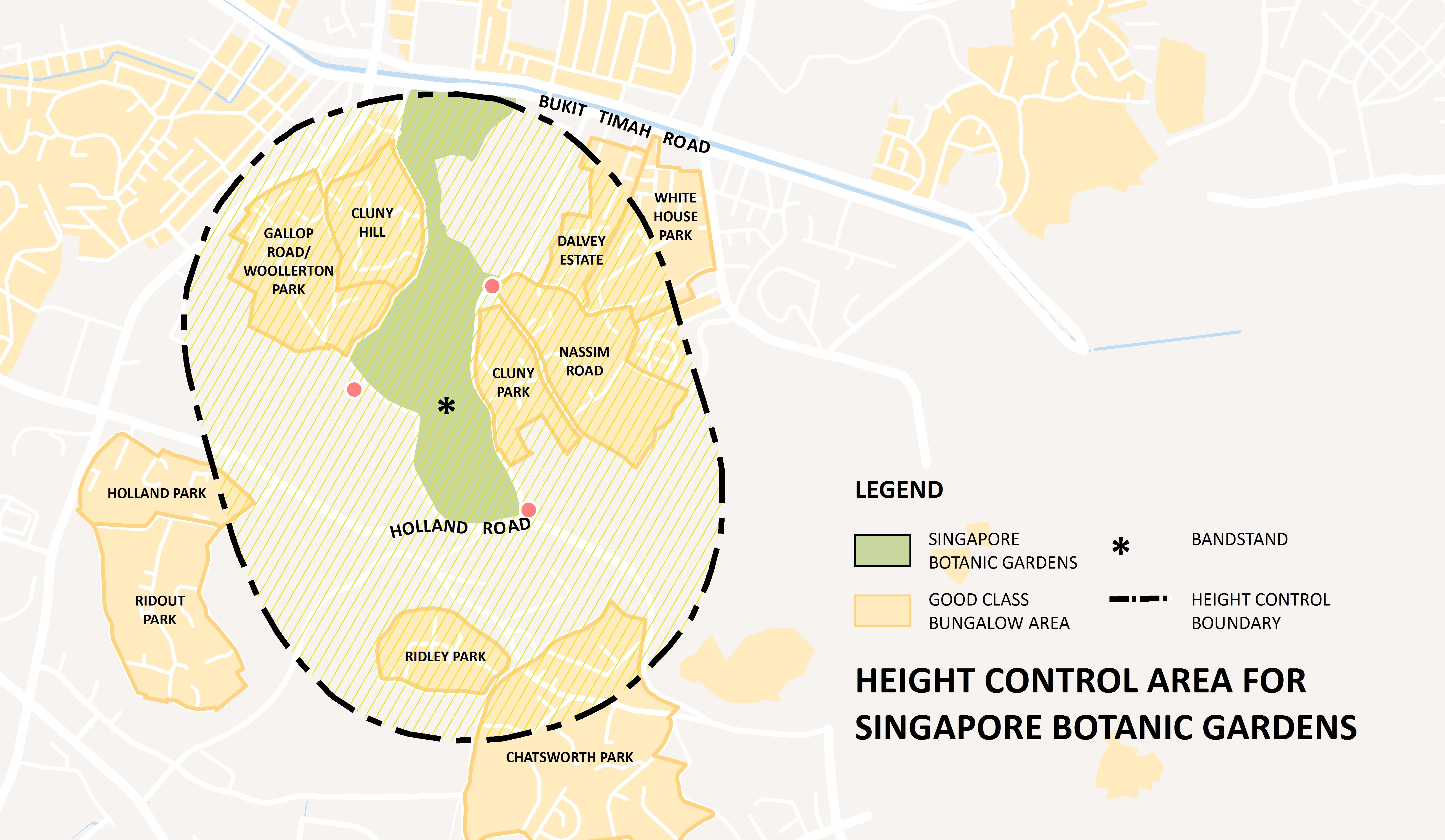 Map of the height control area for Singapore Botanic Gardens, showing parks, roads, and boundaries.